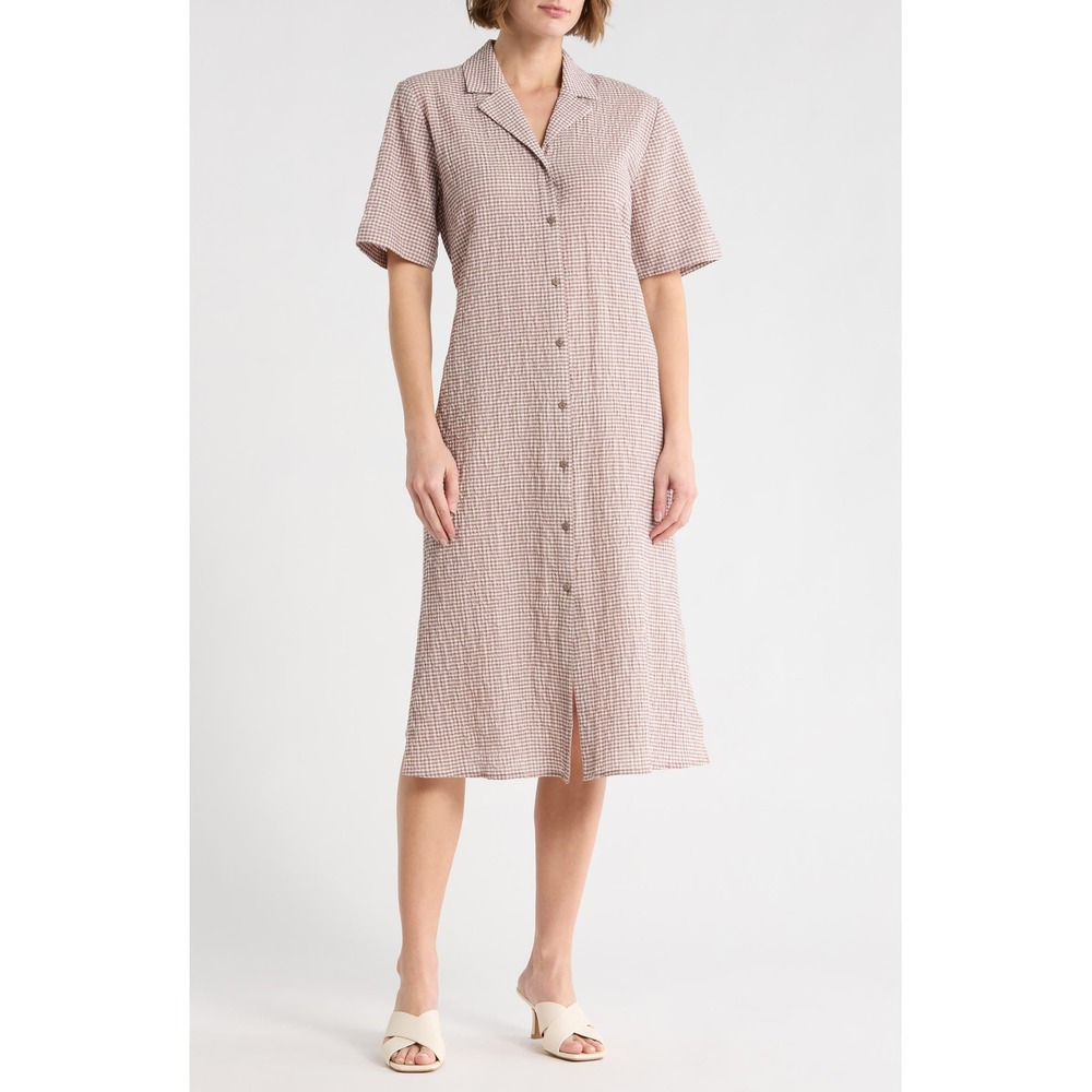 Eileen Fisher Organic Cotton Silk Gingham Midi Shirt Dress M Cottage Coastal